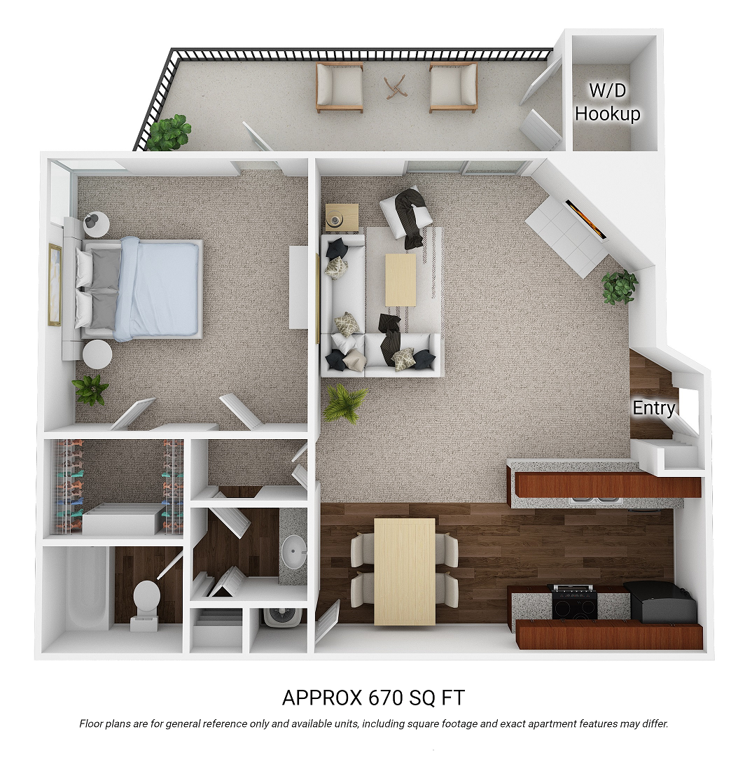 Floor plan for 1 bed, 1 bath, 670 sqft